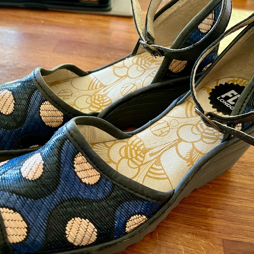 Fly London wedge with ankle strap - blue/black/yellow polka dot - woven